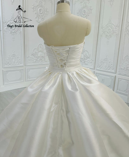 Custom-made strapless with V neck pleated white mikado satin 2 in 1 look split trumpet wedding dress with detachable skirt - Ting's Bridal Collection