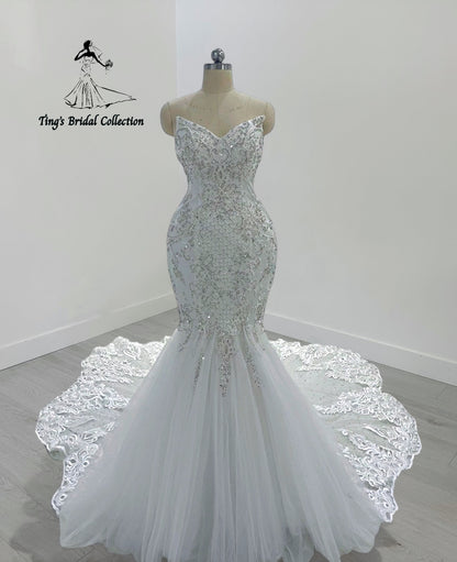 TBC-M045 Made to order lace embroidered with crystal beaded mermaid wedding dress