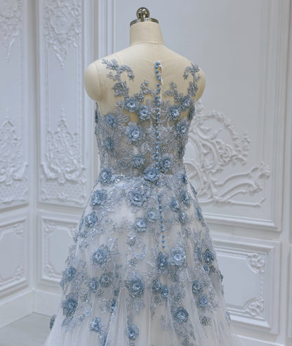 TBC-CM35 Custom-made blue 3D floral appliqué embroidered sparkling Aline wedding dress