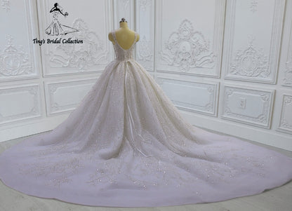 TBC-CM43 Custom-made beading lace embroidered strapped princess ballgown sparkling wedding dress