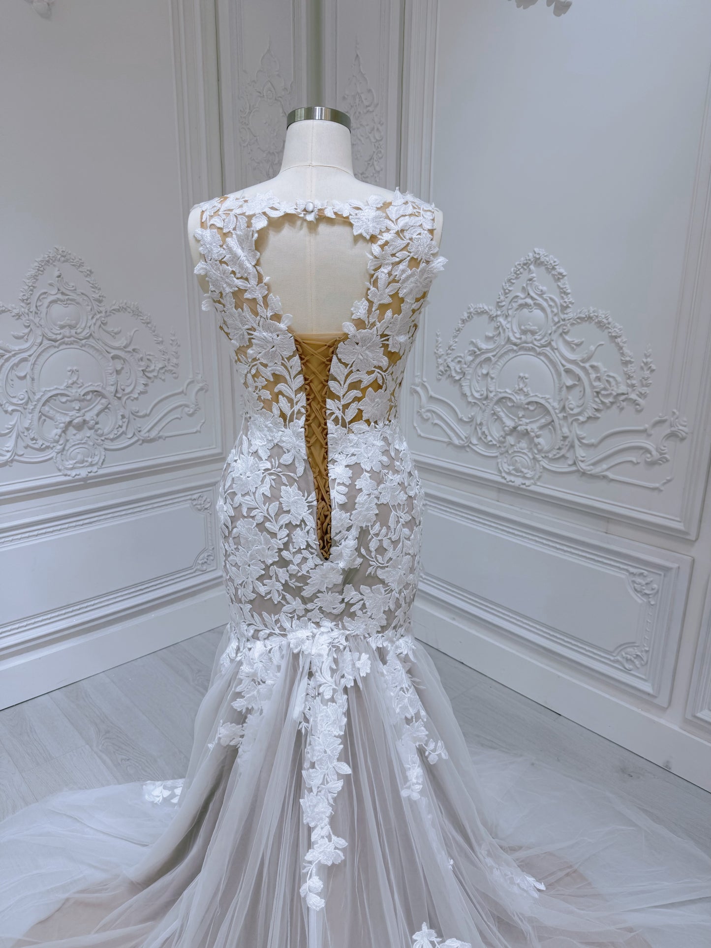 TBC-A017 Made to order lace mermaid champagne wedding dress