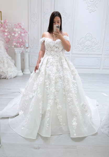 Stock Sale! Bridal size 12! Custom-made 3D floral embroidered off the shoulder with sweetheart Aline fairy wedding dress - Ting's Bridal Collection