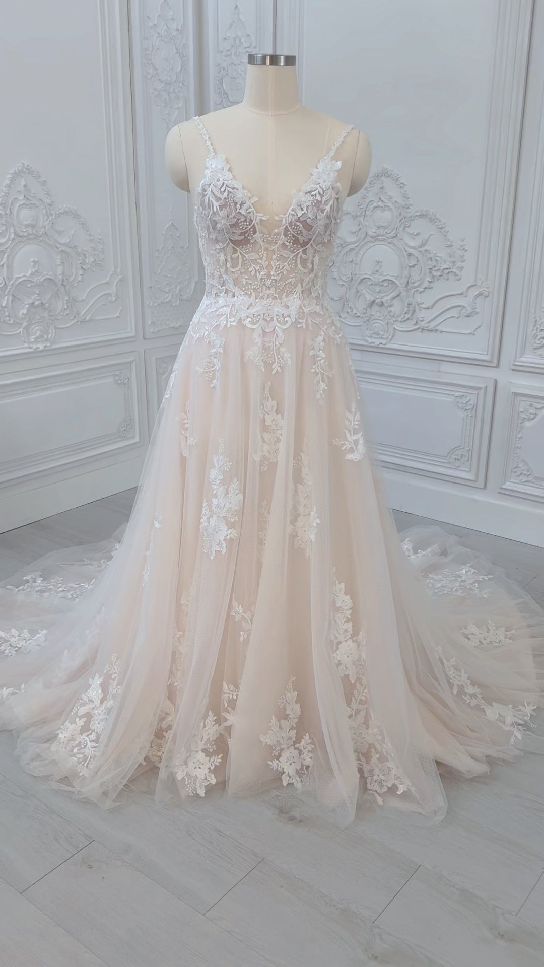 Stock Clearance! Blush color Spaghetti strap Deep V beach/outdoor wedding dress - Ting's Bridal Collection