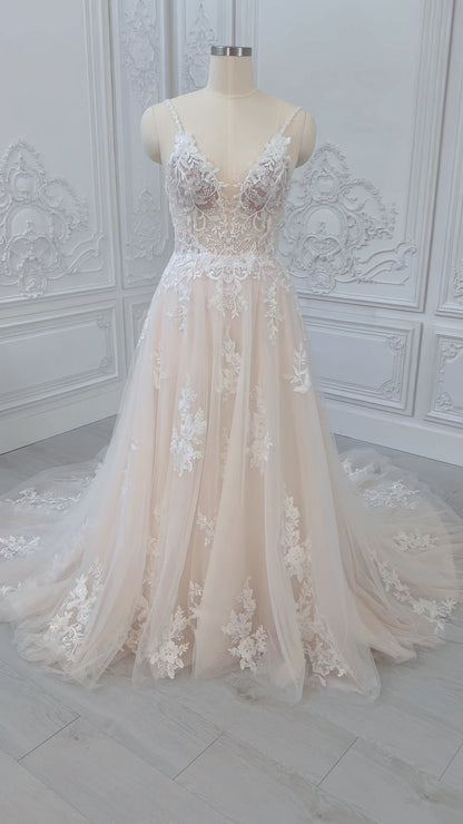 Stock Clearance! Blush color Spaghetti strap Deep V beach/outdoor wedding dress - Ting's Bridal Collection