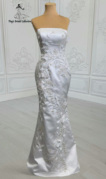 Custom-made white satin 3D beading lace embroidered strapless with straight neck 2 in 1 look trumpet wedding dress with detachable skirt - Ting's Bridal Collection