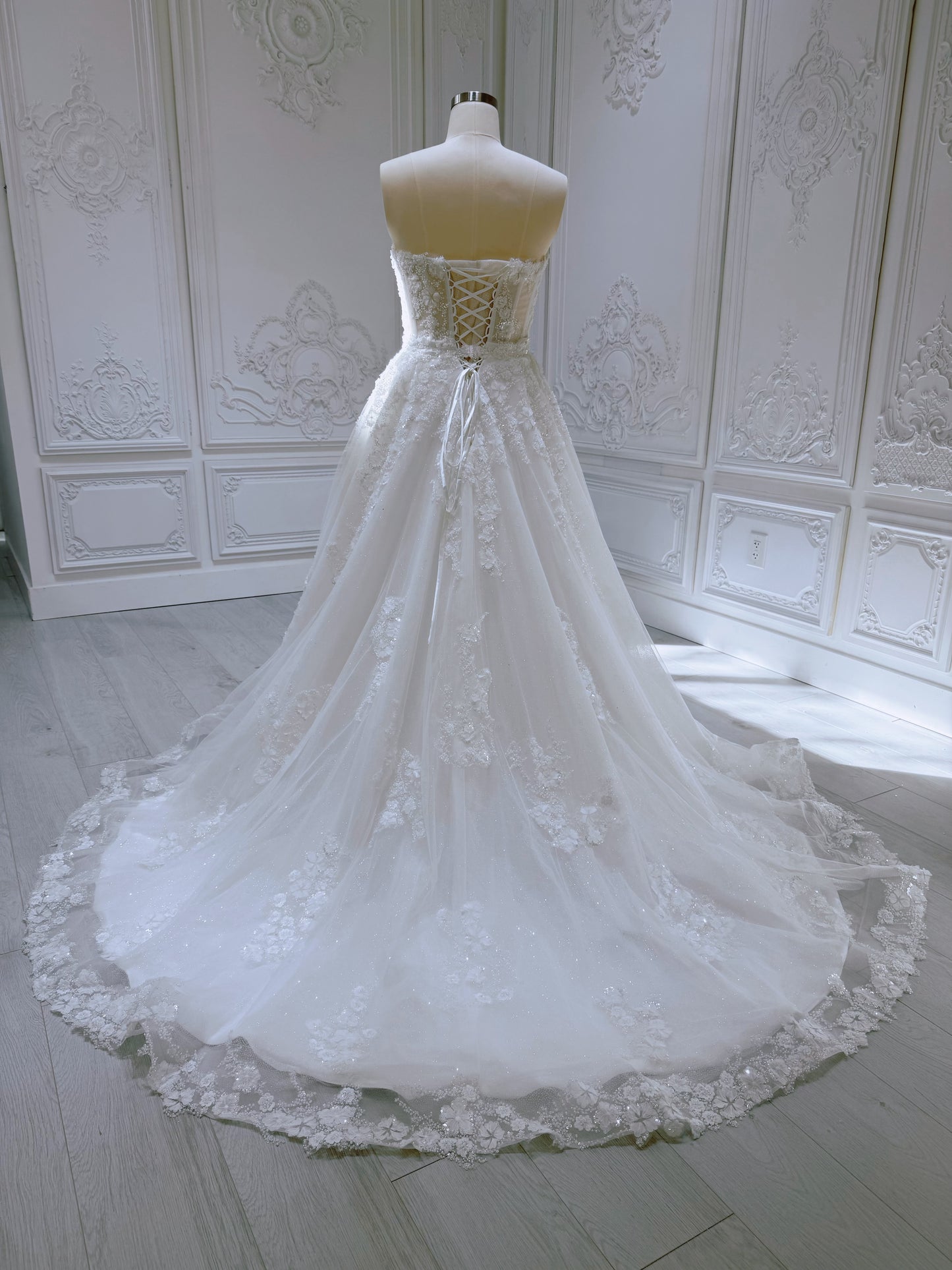 TBC-2IN1-035 Made to order 3D lace with beading 2 in 1 Mini&Aline wedding dress