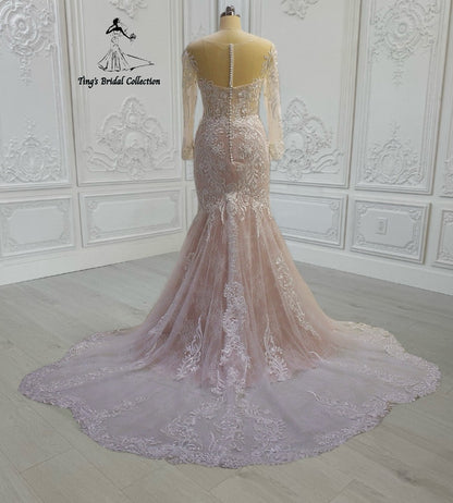 TBC-CM41 Custom-made long sleeve lace embroidered 2 in 1 look mermaid wedding dress with detachable skirt