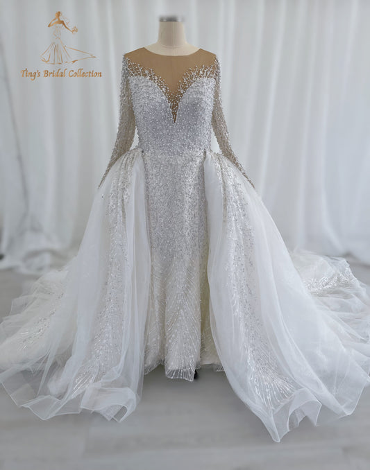 Custom-made Pearl with lace ivory long sleeve 2in1 mermaid with detachable skirt