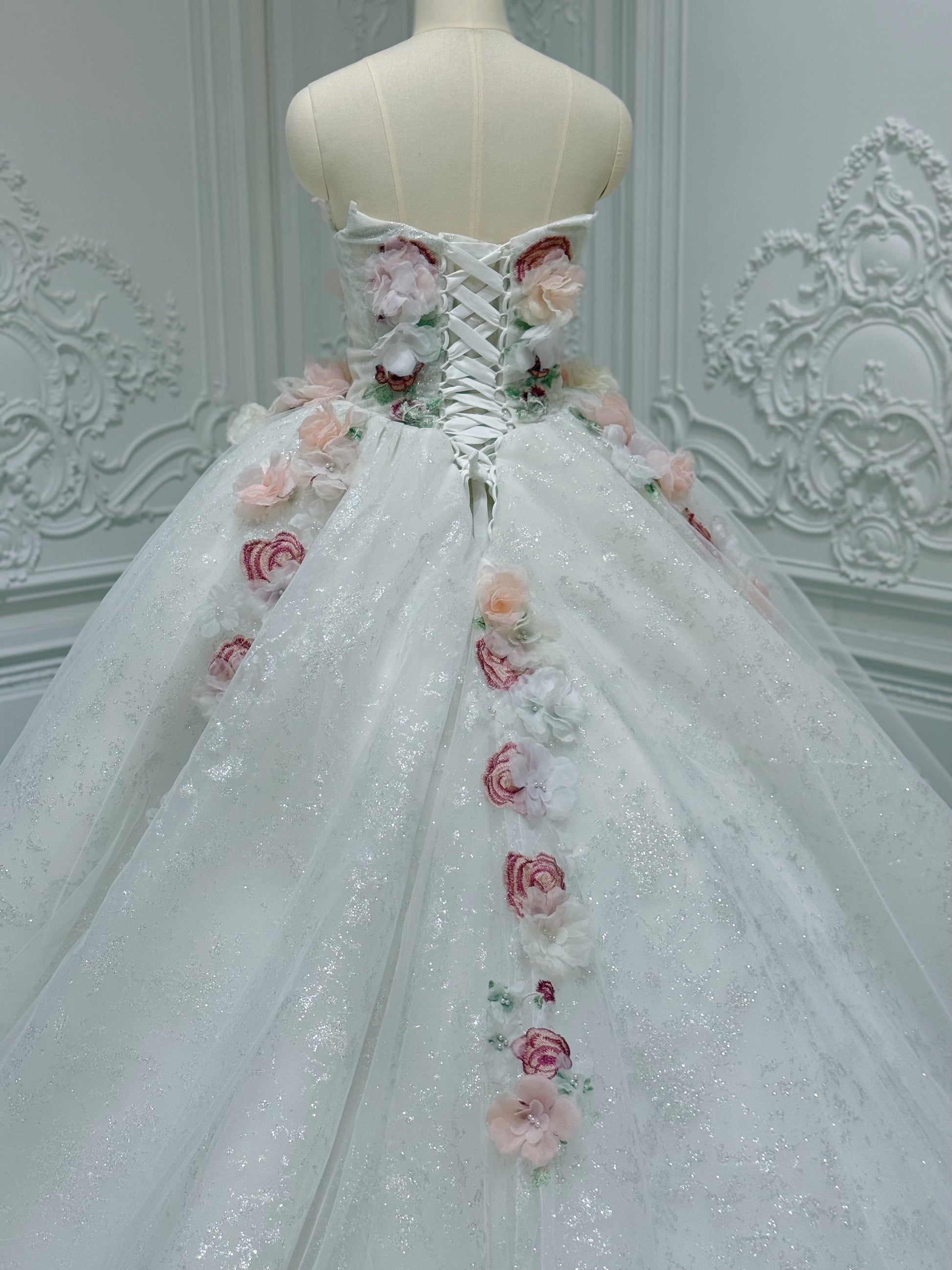 Stock clearance! Sparkling colorful 3D floral with lace embroidered strapless fairy ballgown wedding dress/Quinceanera dress/ Sweet 16 dress - Ting's Bridal Collection