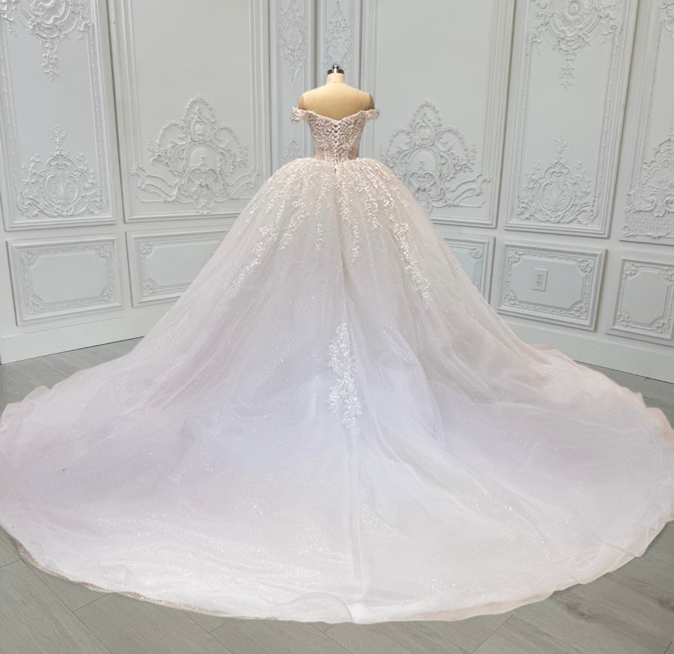 TBC-CM16 Custom-made lace embroidered off the shoulder with Deep V ballgown wedding dress