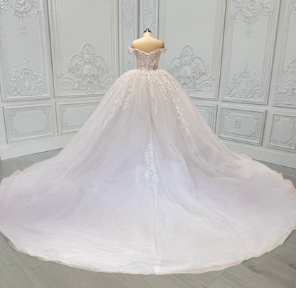 TBC-CM16 Custom-made lace embroidered off the shoulder with Deep V ballgown wedding dress