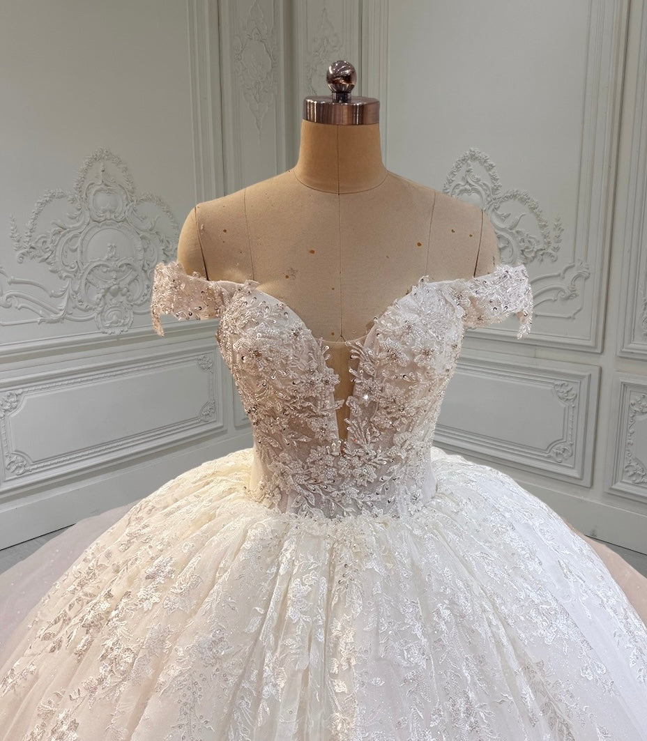 TBC-CM16 Custom-made lace embroidered off the shoulder with Deep V ballgown wedding dress
