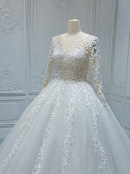 TBC-CM38 Custom-made white color beading&lace embroidered long sleeve classic princess ballgown royal wedding dress