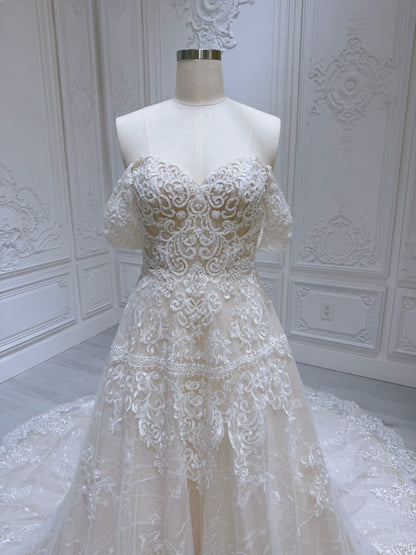 Stock Clearance! Bridal size 12-14! Cream color lace embroidered off the shoulder Aline wedding dress
