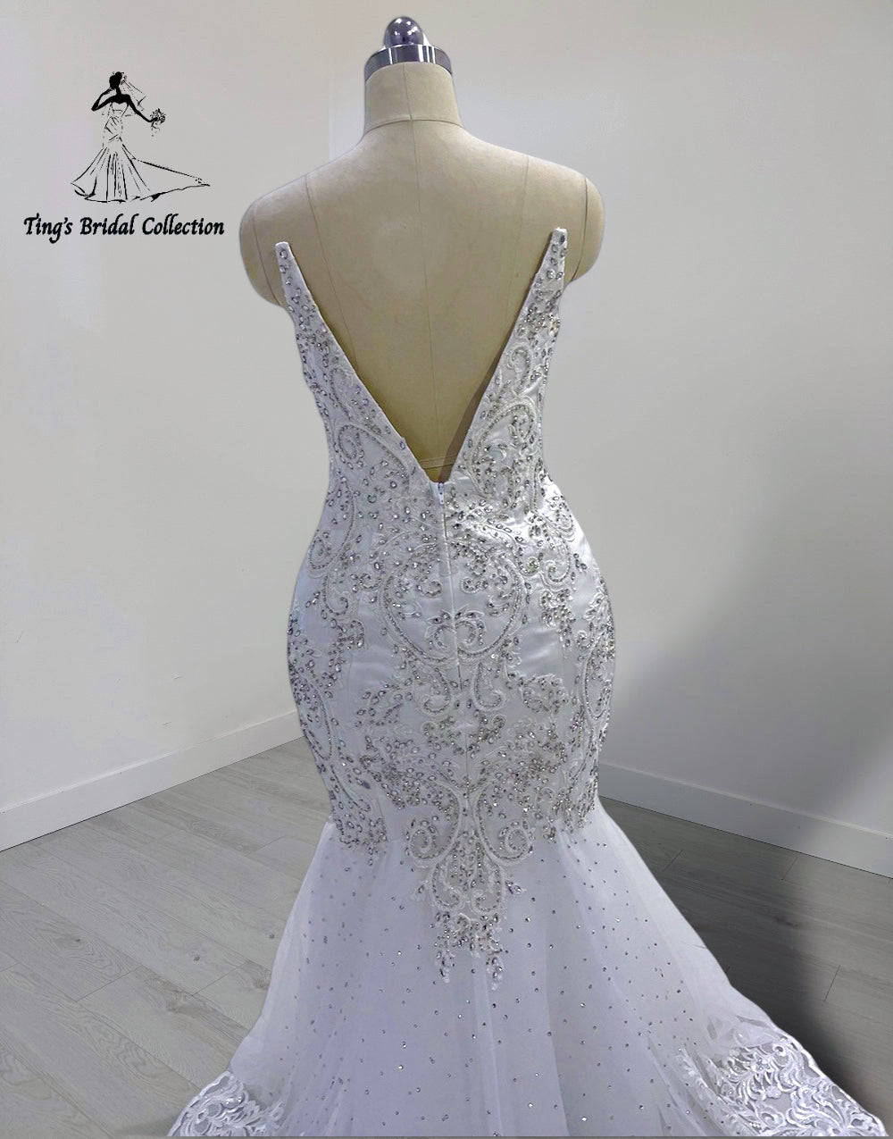 TBC-M045 Made to order lace embroidered with crystal beaded mermaid wedding dress