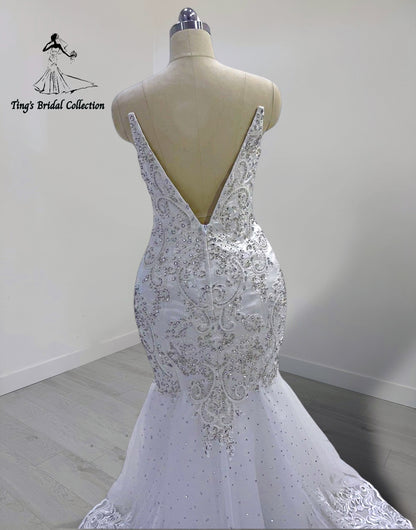 TBC-M045 Made to order lace embroidered with crystal beaded mermaid wedding dress