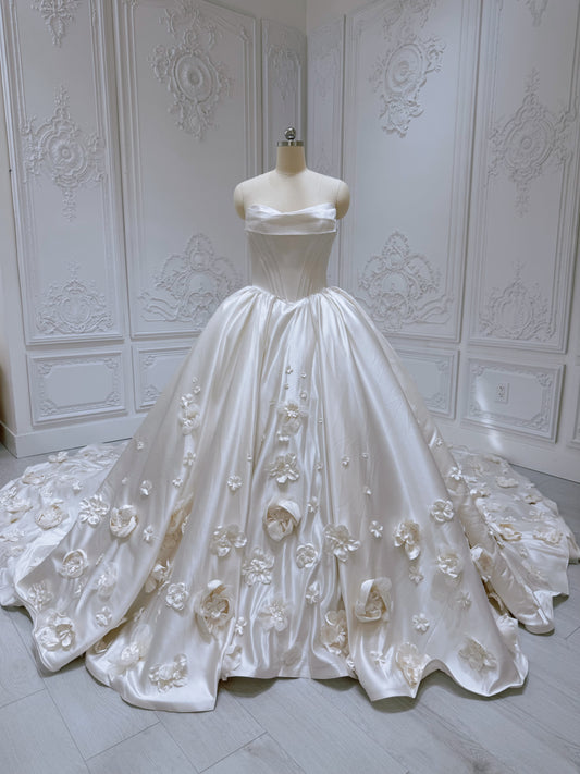 Custom-made sand color 3D floral satin princess ballgown fairy wedding dress