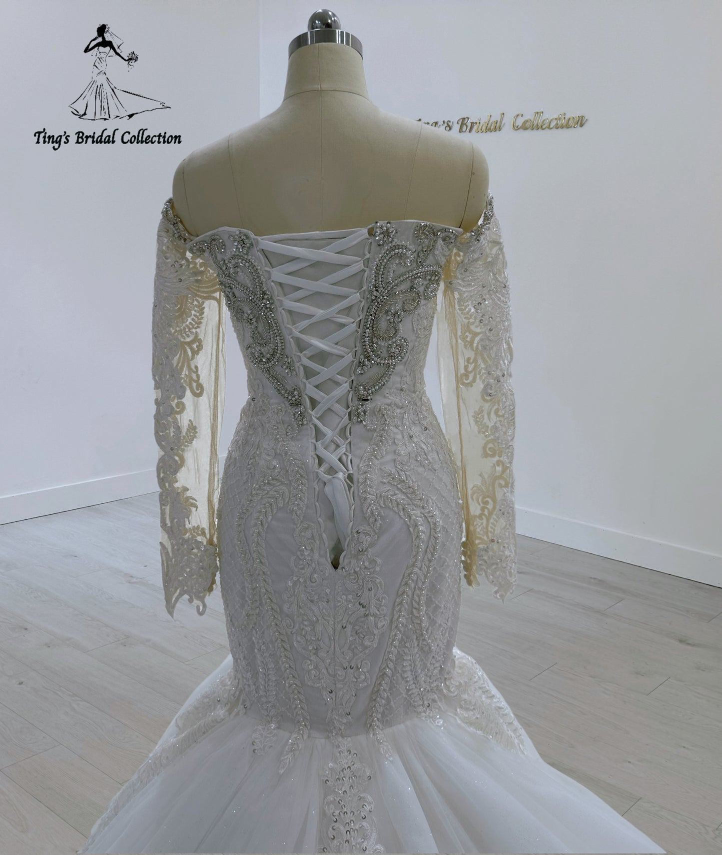 TBC-CM27 Custom-made Luxury crystal beaded off the shoulder 2 in 1 style mermaid wedding dress with detachable ruffled skirt