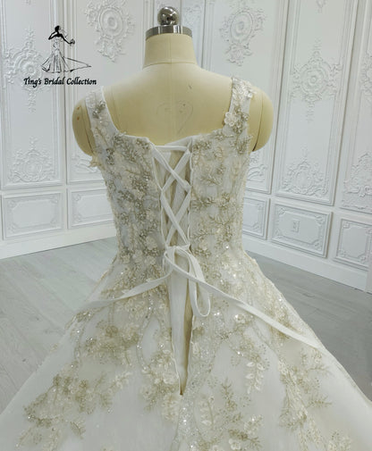 Custom-made white sparkling gown with champagne 3D floral embroidered square neck Aline wedding dress - Ting's Bridal Collection
