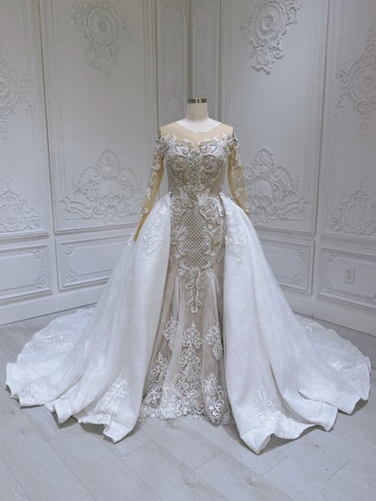 TBC-CM26 Stock of long sleeve beading lace embroidered mermaid wedding dress with detachable skirt