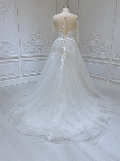 TBC-CM53 Custom-made off white lace embroidered sparkling long sleeve Aline wedding dress