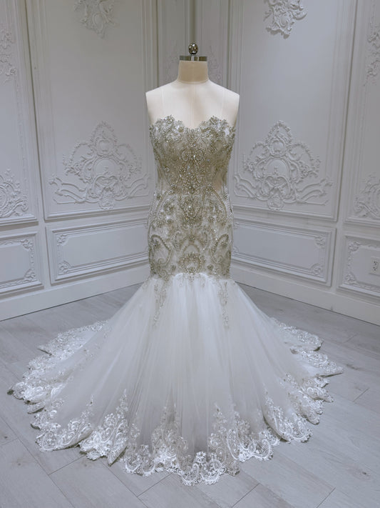 TBC-A009 Stock of crystal beaded lace embroidered sparkling mermaid royal wedding dress