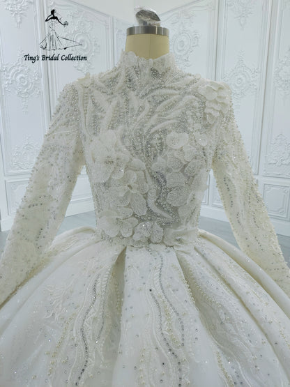 Custom-made luxury beading 3D floral Hight neck fully covered long sleeve ballgown royal wedding dress - Ting's Bridal Collection