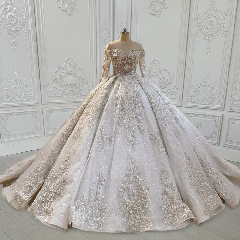 Custom-made luxury beading sparkling off the shoulder with V-neck long sleeve princess ballgown royal wedding dress