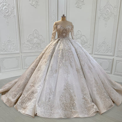 Custom-made luxury beading sparkling off the shoulder with V-neck long sleeve princess ballgown royal wedding dress