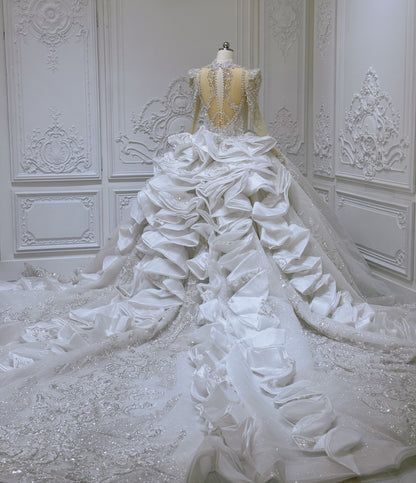 Custom-made luxury beading sparking long sleeve with sweetheart princess ballgown royal wedding dress with ruffled skirt - Ting's Bridal Collection