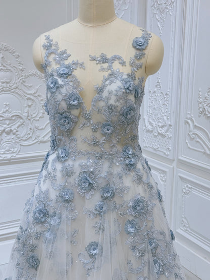 TBC-CM35 Custom-made blue 3D floral appliqué embroidered sparkling Aline wedding dress