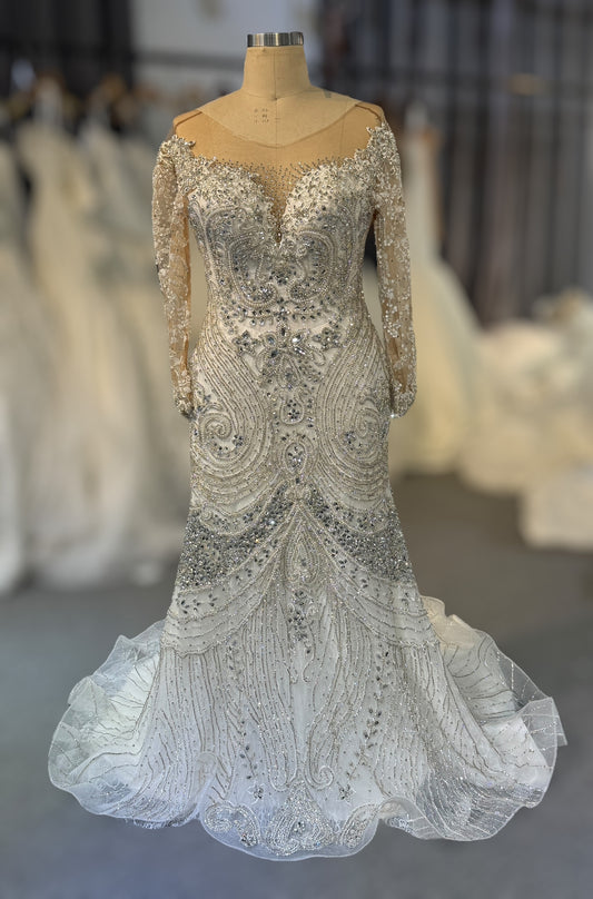 Custom-made luxury crystal beaded long sleeve mermaid wedding dress