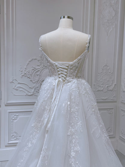 Stock Sale! Custom-made beading with 3D lace embroidered Aline wedding dress with split skirt - Ting's Bridal Collection