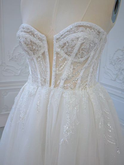TBC-CM36 Custom-made lace embroidered strapless Aline wedding dress with split skirt