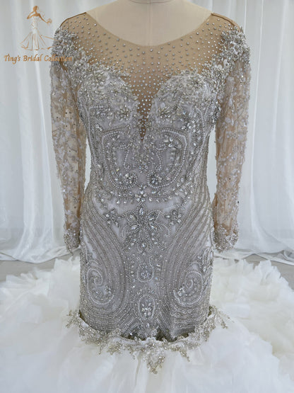 TBC-CM49 Custom-made fully crystal beaded long sleeve mermaid royal wedding dress with detachable ruffles skirt