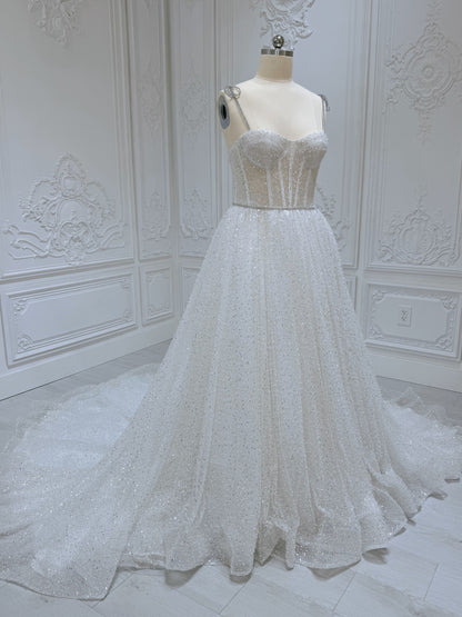 Stock clearance! Bridal size 12! White spaghetti strap sparkling Aline wedding dress