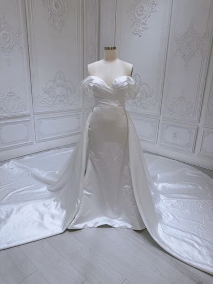 Stock Clearance! Bridal size 12! White satin off the shoulder pleated 2 in 1 style mermaid wedding dress with detachable skirt