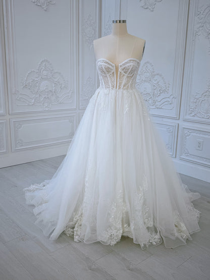 TBC-CM36 Custom-made lace embroidered strapless Aline wedding dress with split skirt
