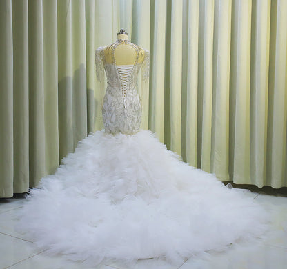 TBC-CM006  Luxury crystal beading long sleeve mermaid royal wedding dress with ruffles skirt - Ting's Bridal Collection