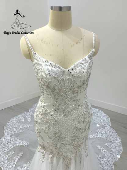 TBC-M045 Made to order lace embroidered with crystal beaded mermaid wedding dress