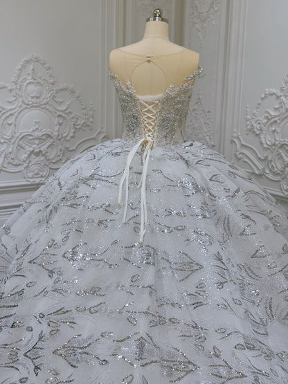 Stock Clearance! Bridal Size 10! Grey crystal beaded cap sleeve sparkling white&silver princess ballgown royal wedding dress