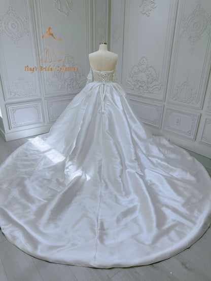 Stock of pearl beaded lace satin ballgown wedding dress