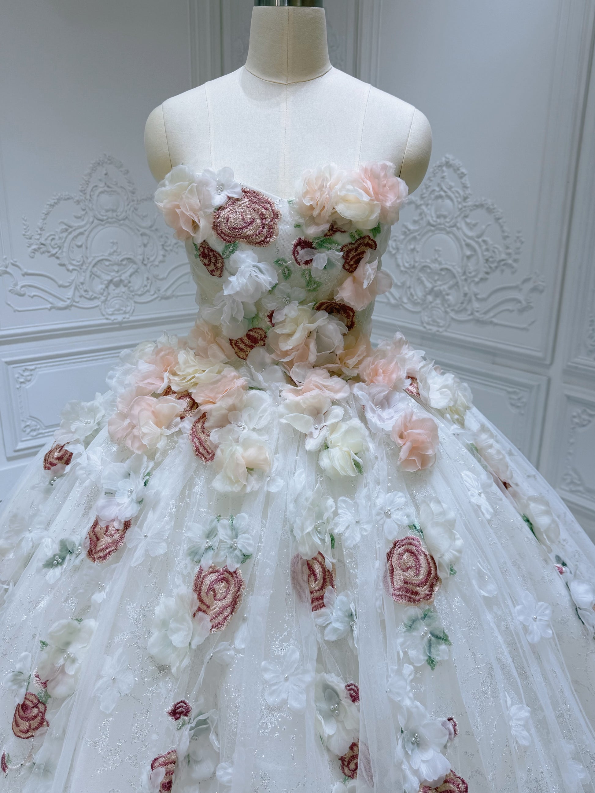 Stock clearance! Sparkling colorful 3D floral with lace embroidered strapless fairy ballgown wedding dress/Quinceanera dress/ Sweet 16 dress - Ting's Bridal Collection