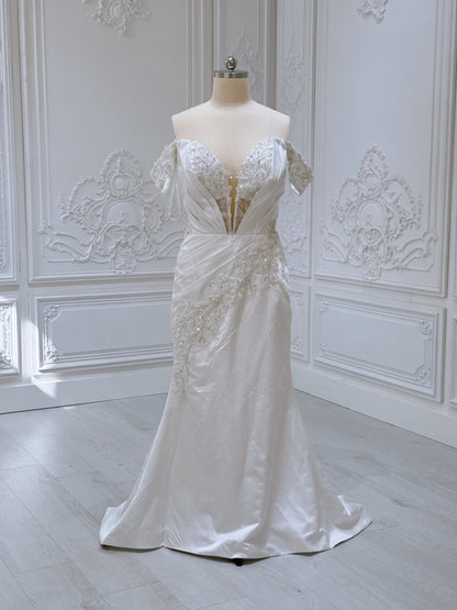 Custom-made off the shoulder pleated white satin with beading lace embroidered 2 in 1 style mermaid wedding dress with detachable skirt - Ting's Bridal Collection
