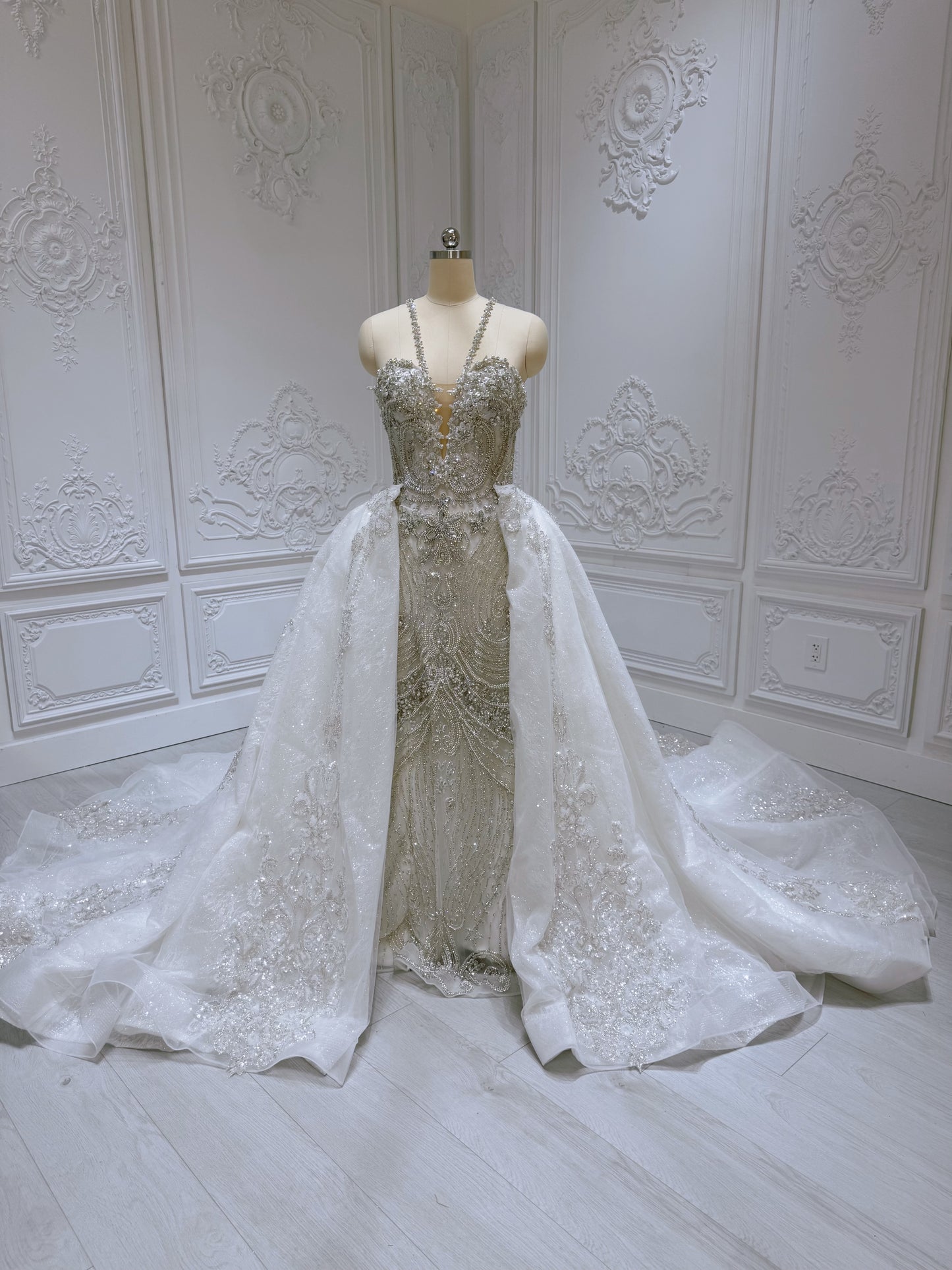 TBC-2IN1-012 Custom-made luxury crystal 2 in 1 style royal wedding dress with skirt