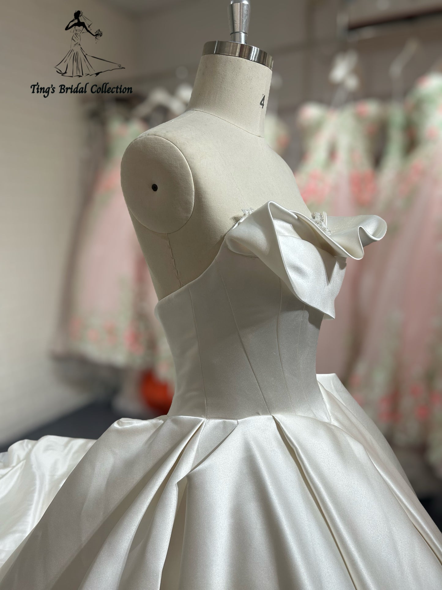 TBC-B027 Made to order satin ballgown wedding dress with ruffled neckline