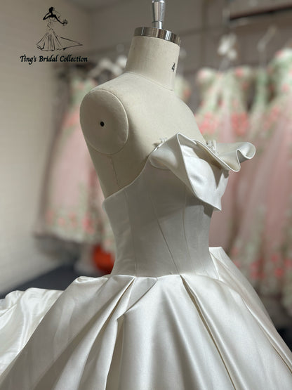 TBC-B027 Made to order satin ballgown wedding dress with ruffled neckline