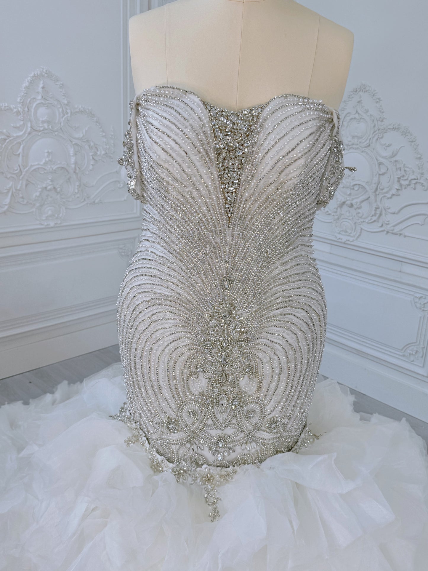 TBC-2IN1-003 Luxury crystal pearl beaded off the shoulder mermaid wedding dress with detachable ruffled skirt