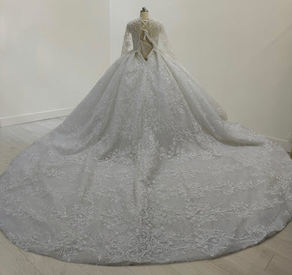 TBC-B053 Made to order luxury lace embroidered long sleeve princess ballgown royal wedding dress