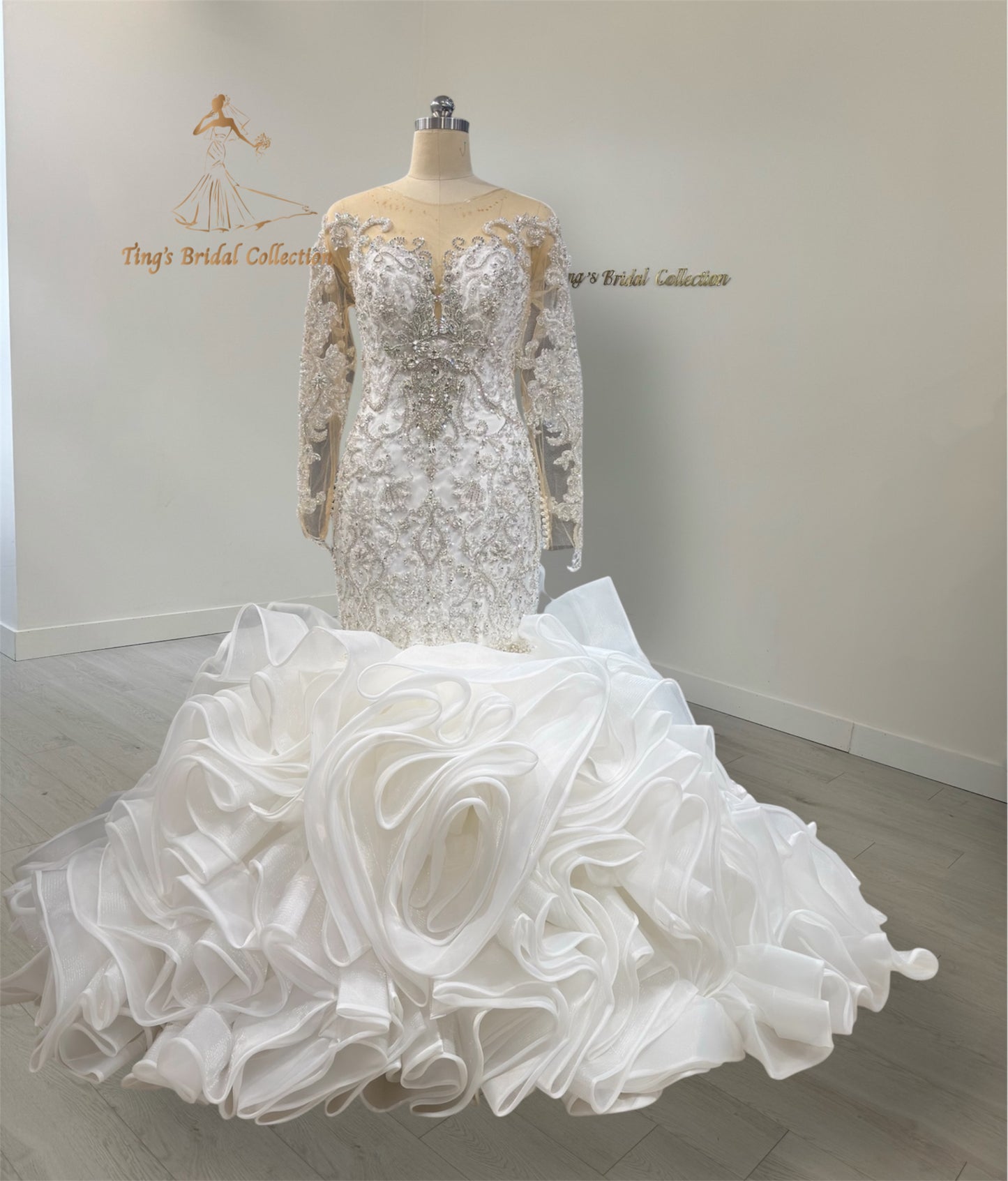TBC-CM51 Custom-made luxury beading sparkling long sleeve mermaid royal wedding dress with ruffle skirt